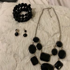Chap’s earrings,black and silver statement necklace ,no brand and wrap bracelet